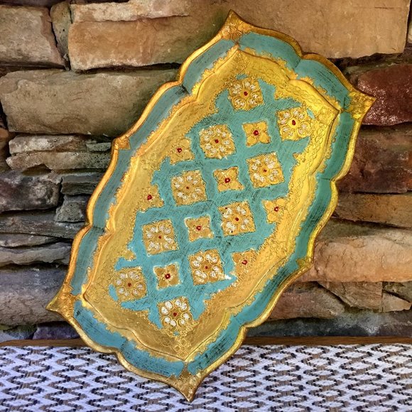 VTG Italy Ornate Tray Turquoise Gold India Morocco